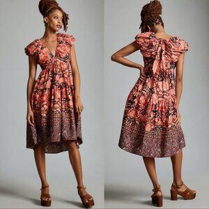 Anthropologie Printed V neck babydoll pockets midi